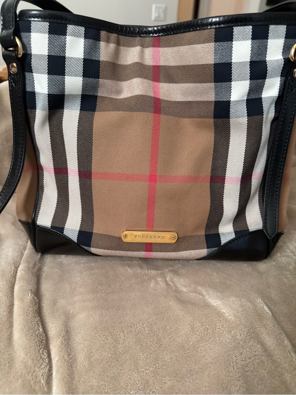 Burberry Beige Black and Cream Check Canvas Tote